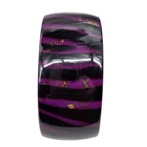 Zebra Striped Wide Acrylic Bangle Bracelet Purple‎ & Black Gold Accents